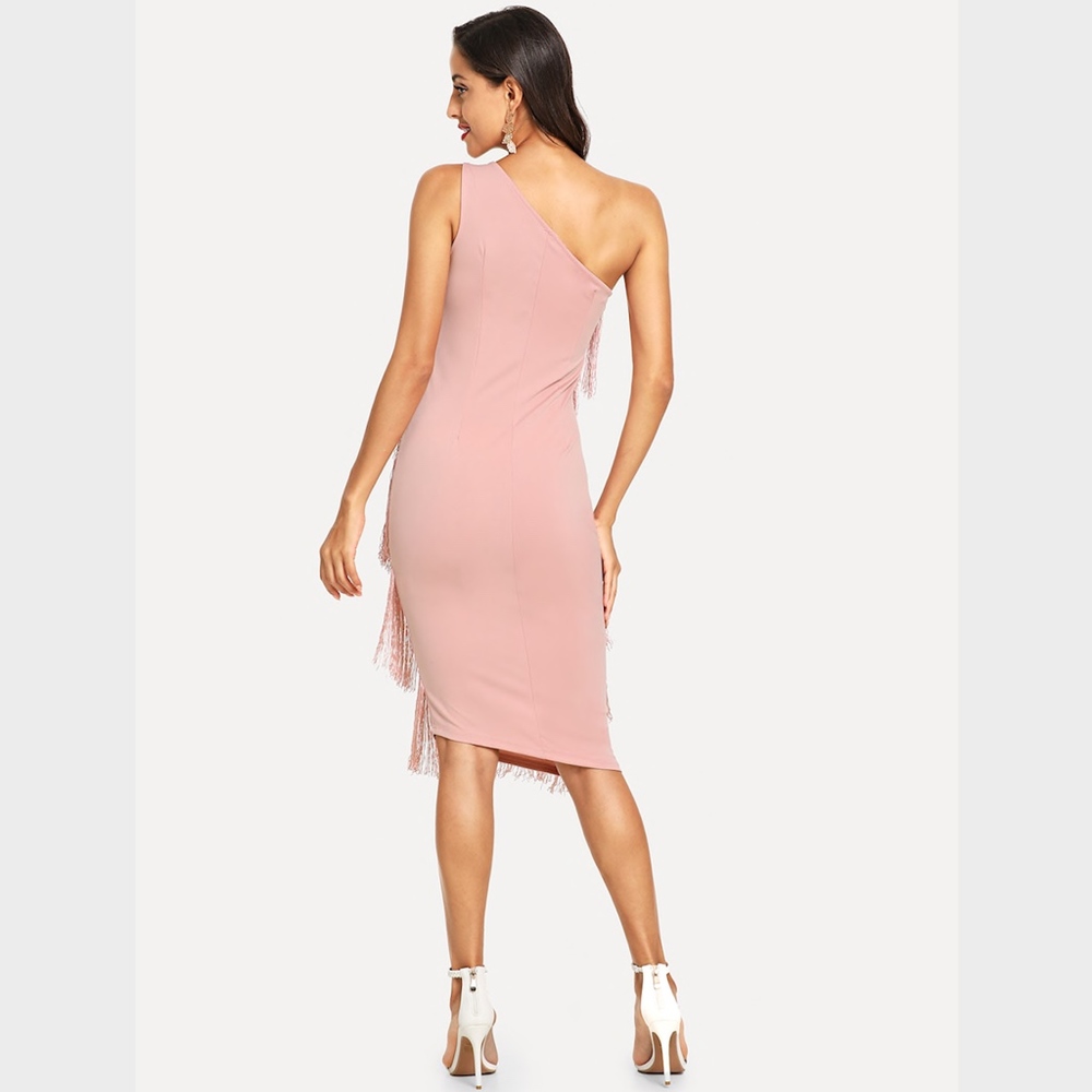 One Shoulder Tiered Fringe Bodycon Dress Pink - Picture 4 of 8